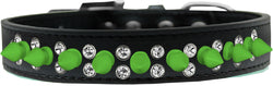Double Crystal and Neon Green Spikes Dog Collar Black Size 14