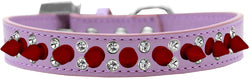 Double Crystal and Red Spikes Dog Collar Lavender Size 20