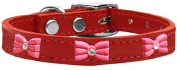 Pink Glitter Bow Widget Genuine Leather Dog Collar Red 18