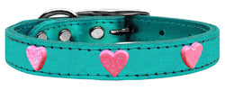 Pink Glitter Heart Widget Genuine Metallic Leather Dog Collar Turquoise 18