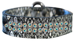 Two Row AB Crystal Jeweled Dragon Skin Genuine Leather Dog Collar Silver size 18