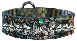 Double Clear Crystal and Silver Spike Dragon Skin Genuine Leather Dog Collar Magic size 16